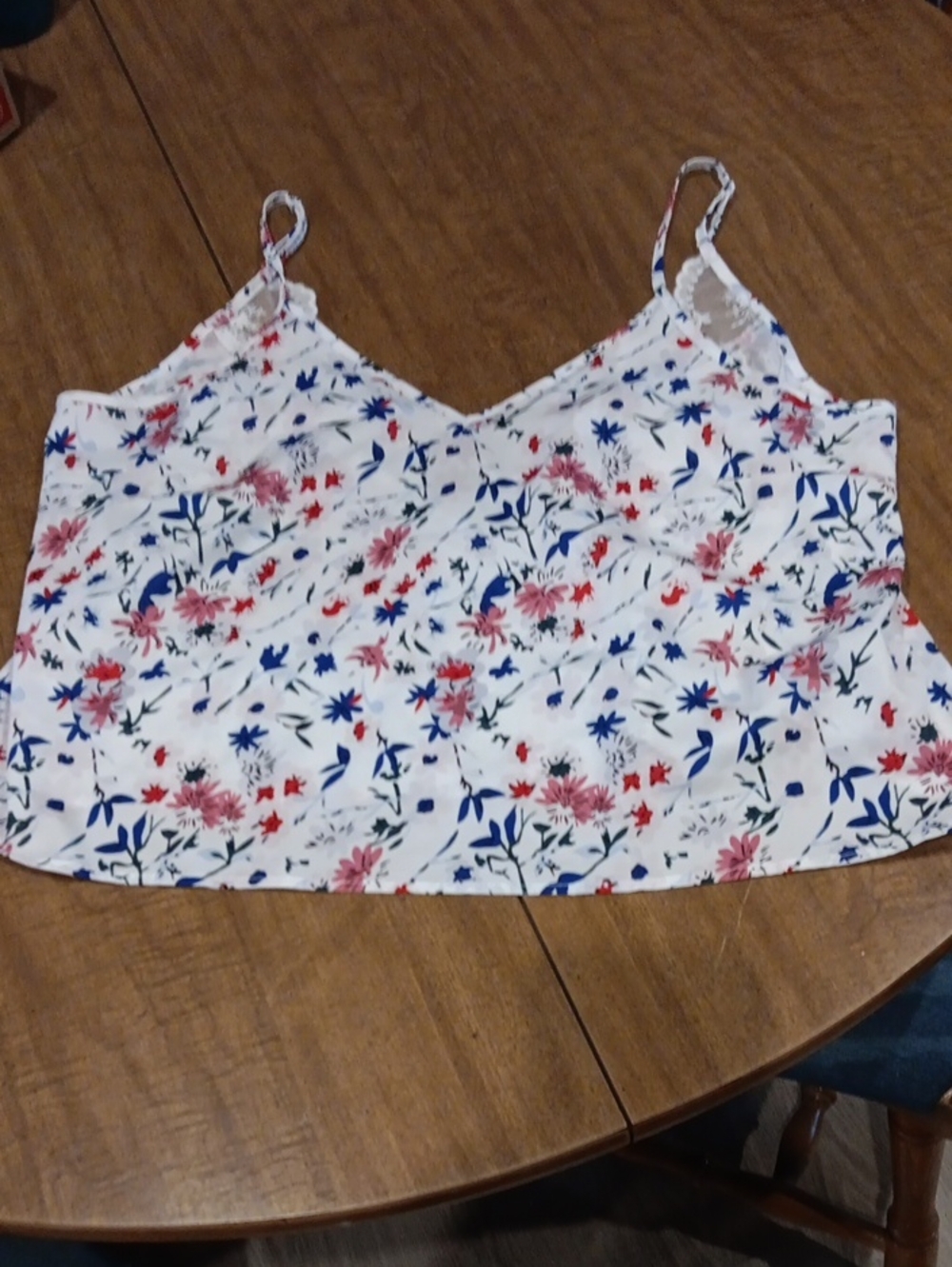 SHEIN White Floral Spaghetti Strap Cami with Red & Blue Print